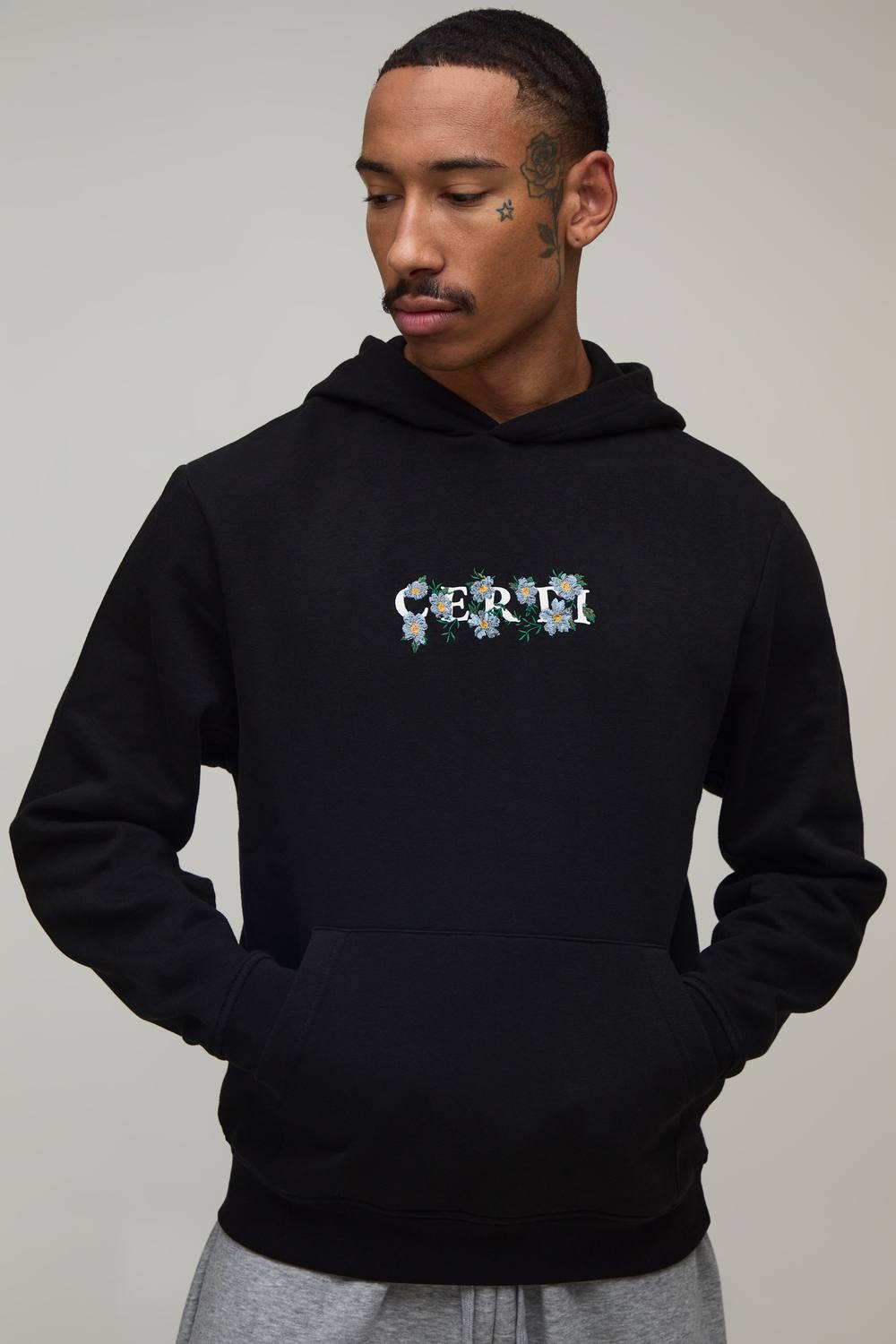 Regular Floral Chest Embroidered Hoodie | Black | Size Medium