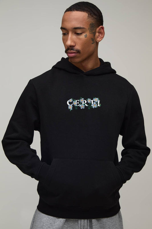 Regular Floral Chest Embroidered Hoodie | Black | Size Medium
