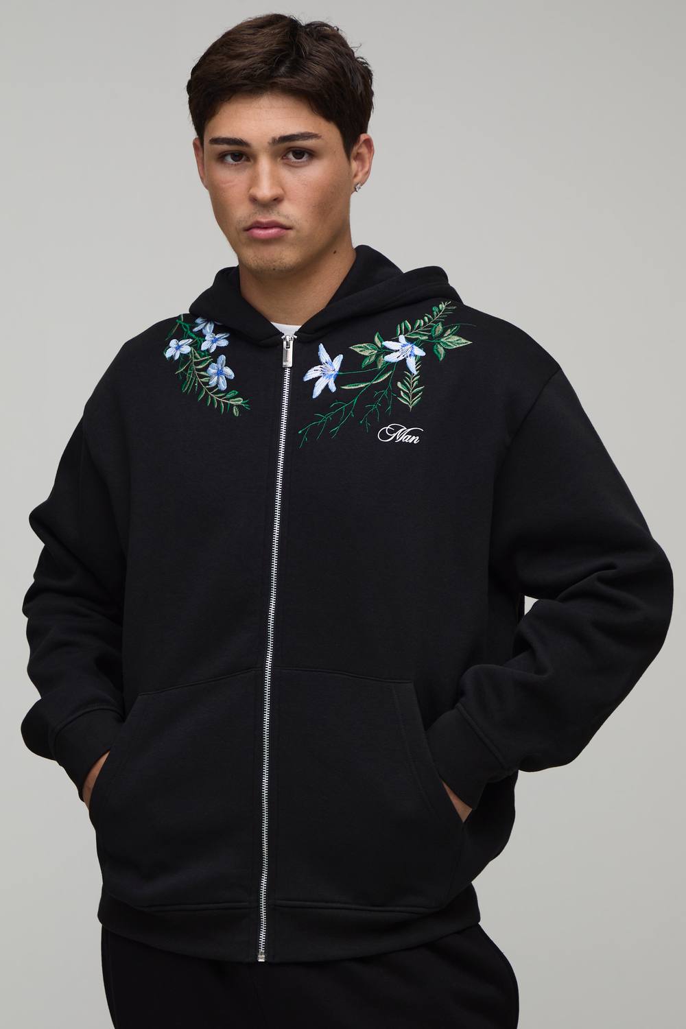Oversized Boxy Floral Embroidered Zip Through Hoodie | Black | Size Medium