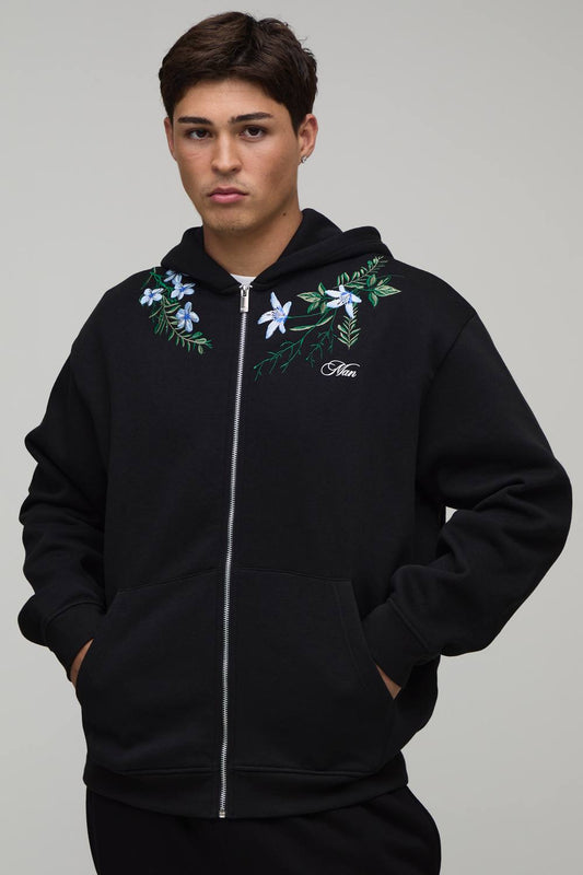 Oversized Boxy Floral Embroidered Zip Through Hoodie | Black | Size Medium