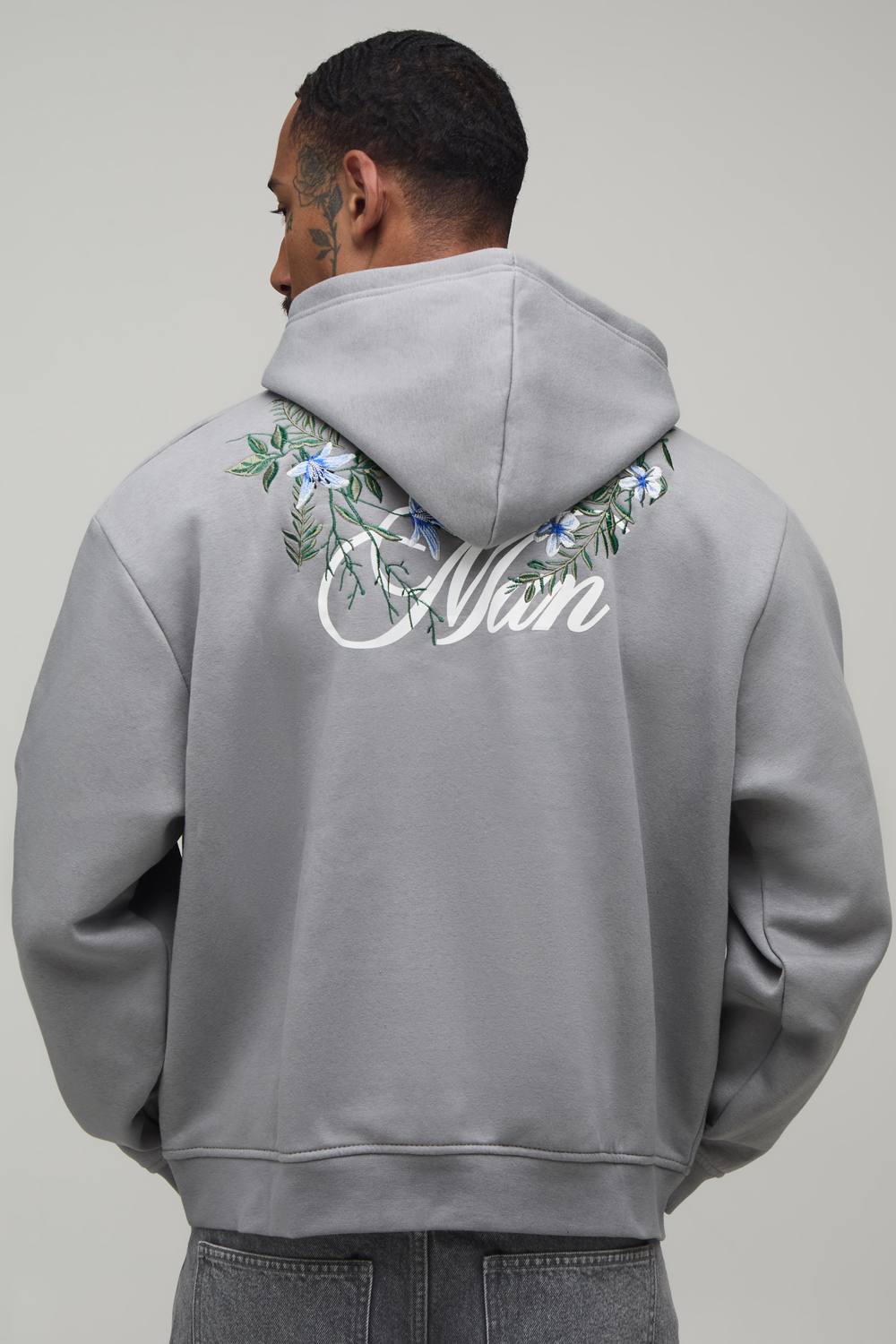 Oversized Boxy Man Floral Embroidered Hoodie | Grey | Size Medium