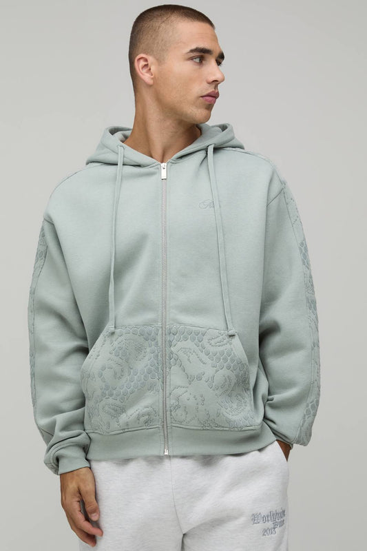 Oversized Flocked Sleeve Zip through Hoodie | Forest | Size Medium