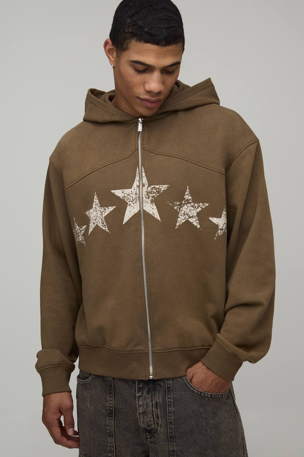 Oversized Boxy Hardware Loopback Zip Through Hoodie | Brown | Size Medium