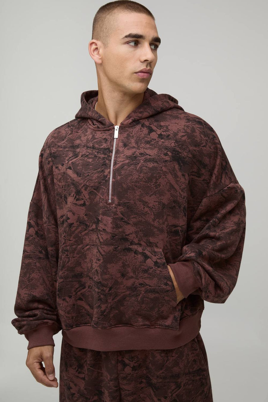 Oversized Batwing Camo Quarter Zip Through Hoodie | Chocolate | Size Medium