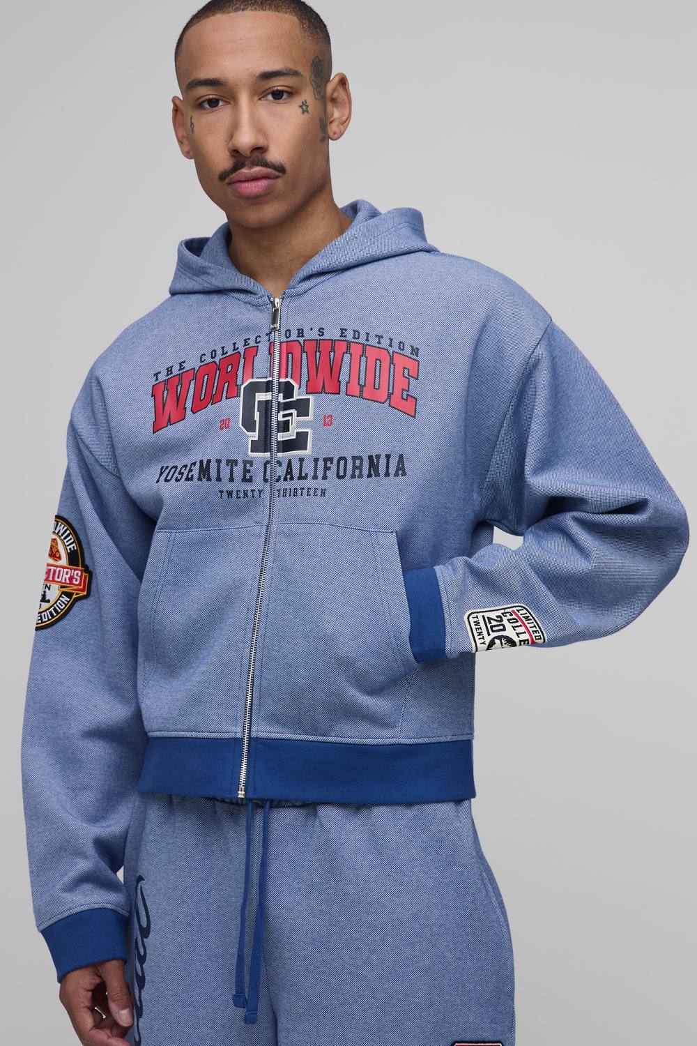 Collector's Edtn Shrunken Boxy Badged Pique Zip through Hoodie | Blue | Size Medium