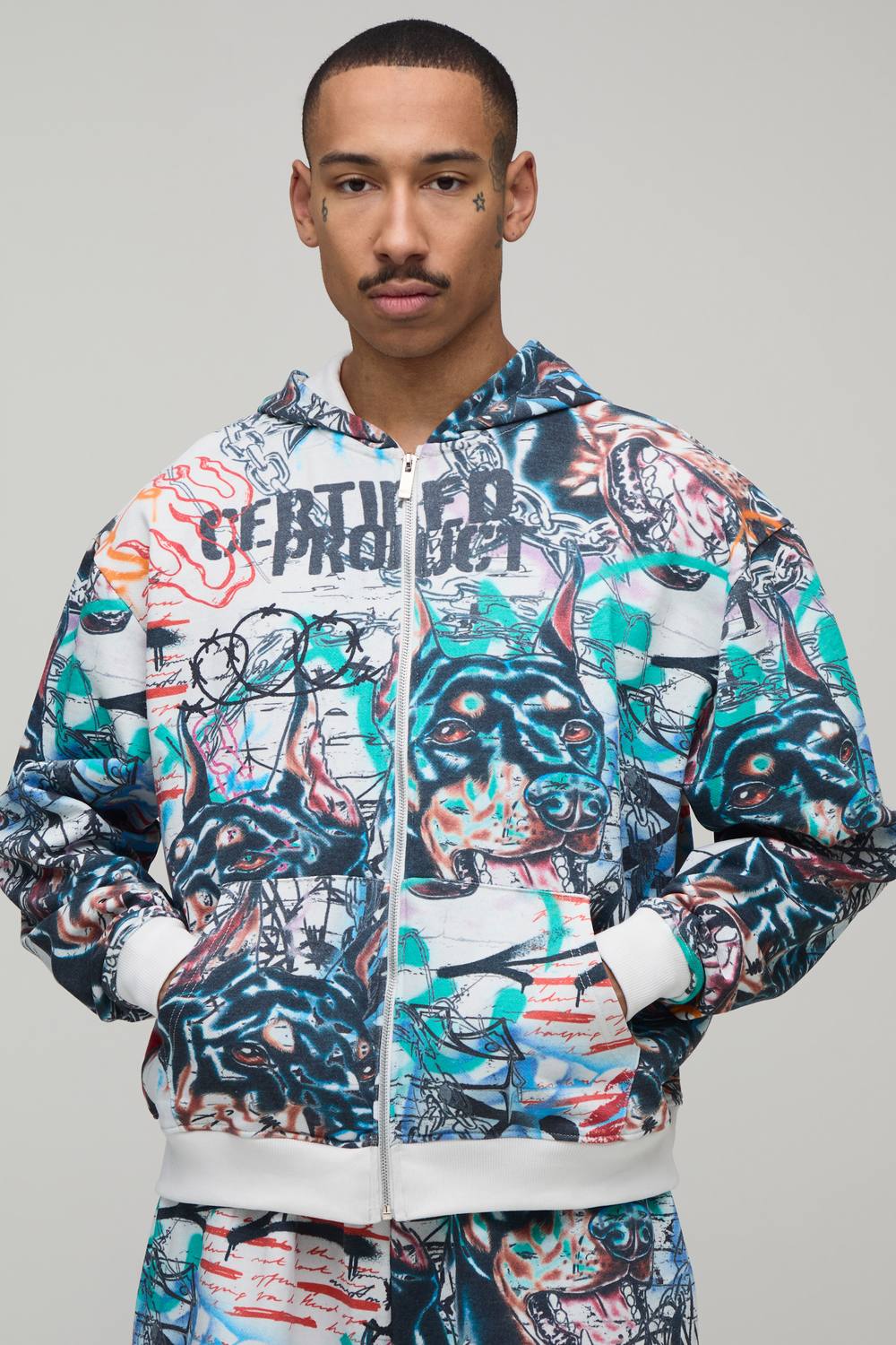 Oversized Boxy All Over Graffiti Print Zip Through Hoodie | Ecru | Size Medium