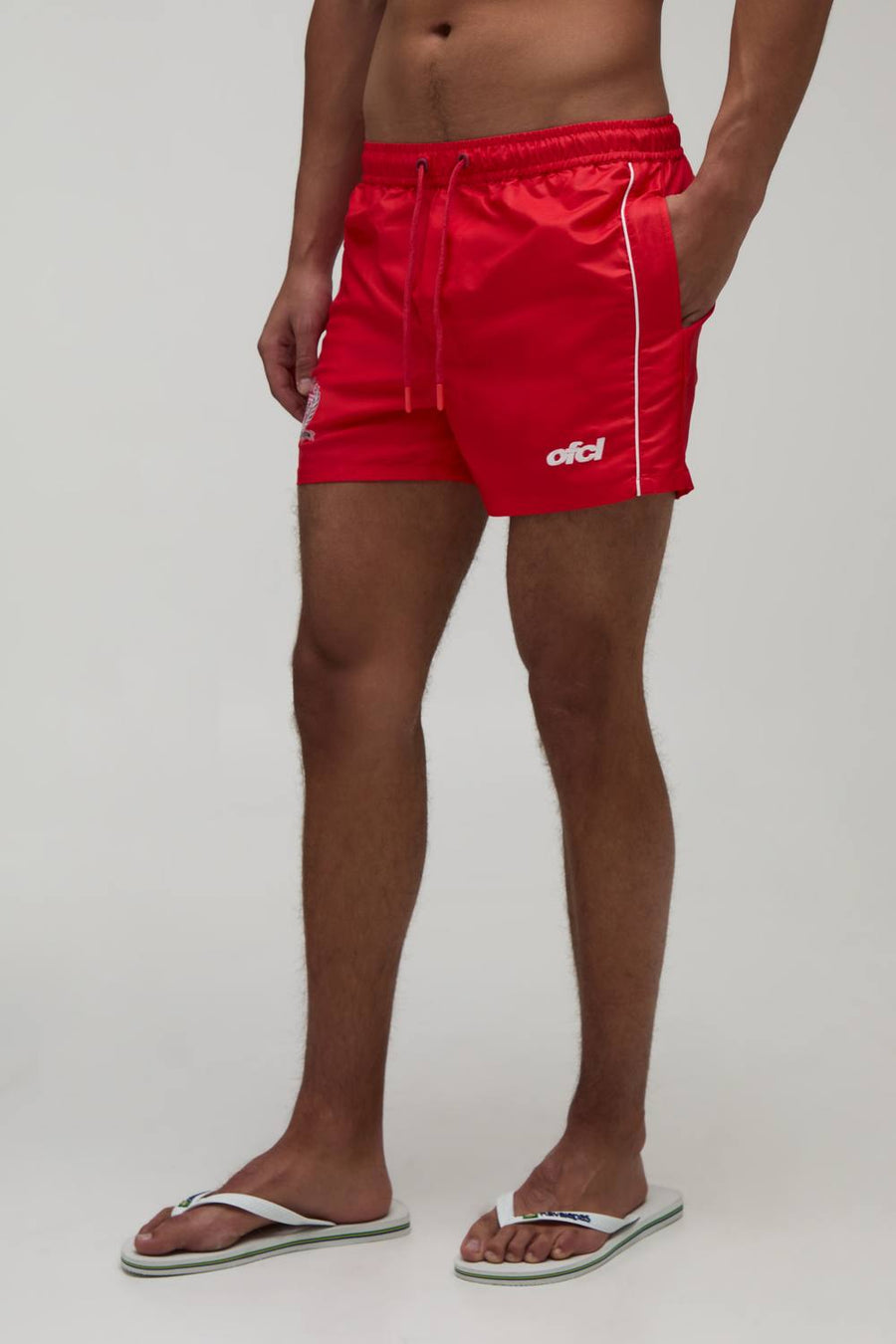 Men's Piped Football Embroide Short Length Swim Short | Red | Size Medium | BOOHOOMAN