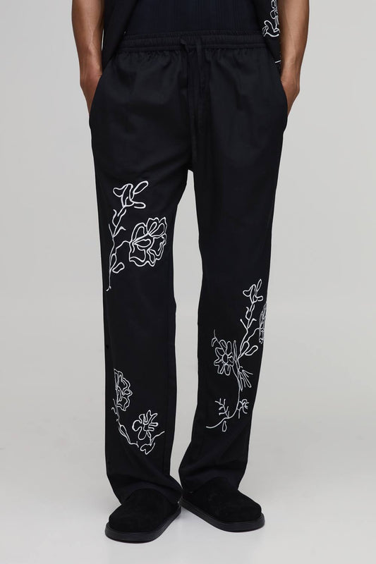 Men's Relaxed Fit Linen Blend Floral Embroidery Co-Ord Trousers | Black | Size Medium | BOOHOOMAN