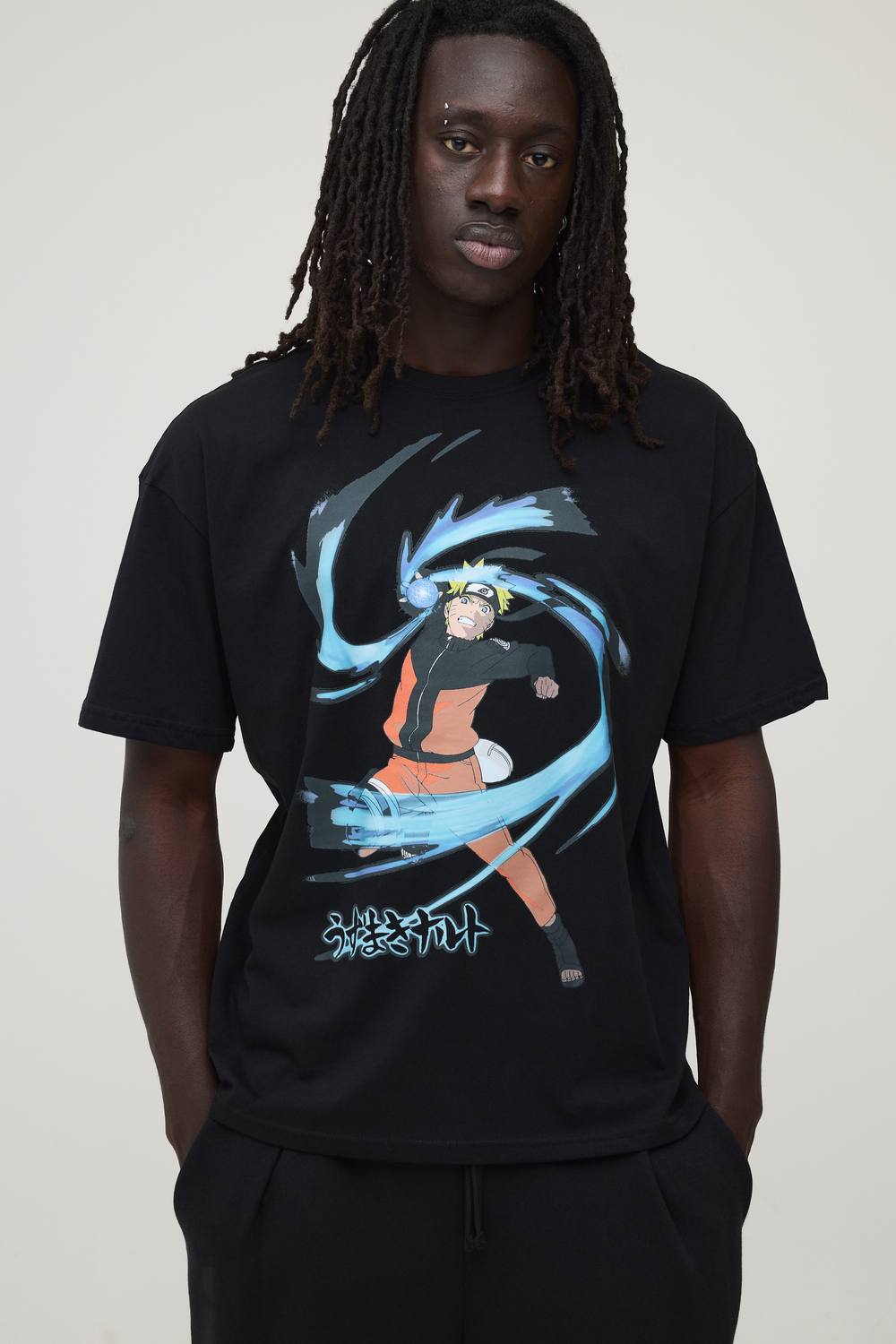 Men's Naruto Uzumaki Punch Oversized License Print T-Shirt | Black | Size Small | BOOHOOMAN