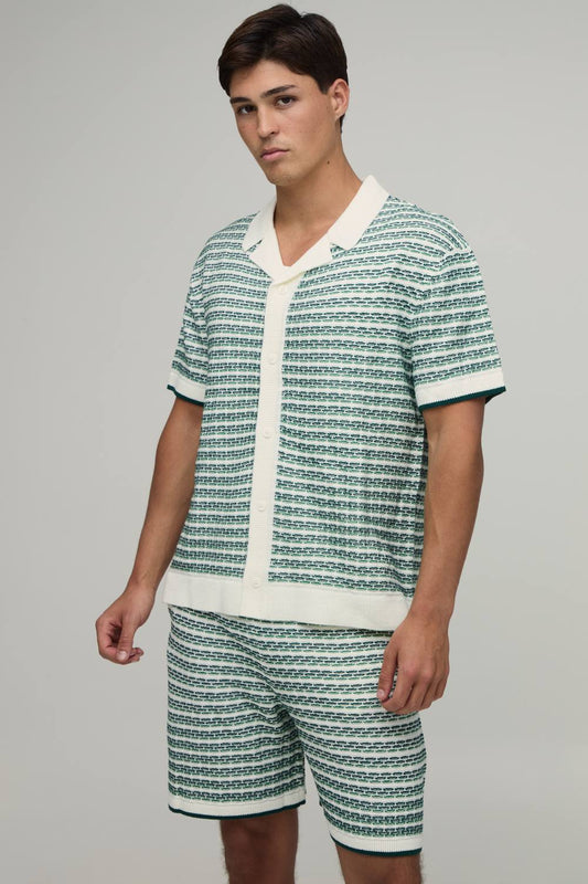 Men's Relaxed Open Stitch Striped Knitted Shirt and Short Set | Green | Size Medium | BOOHOOMAN