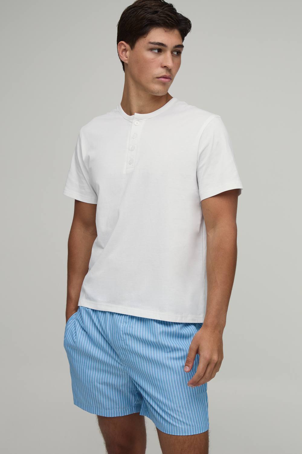 Regular Fit Henley T-Shirt & Stripe Short Lounge Set | Blue | Size Medium