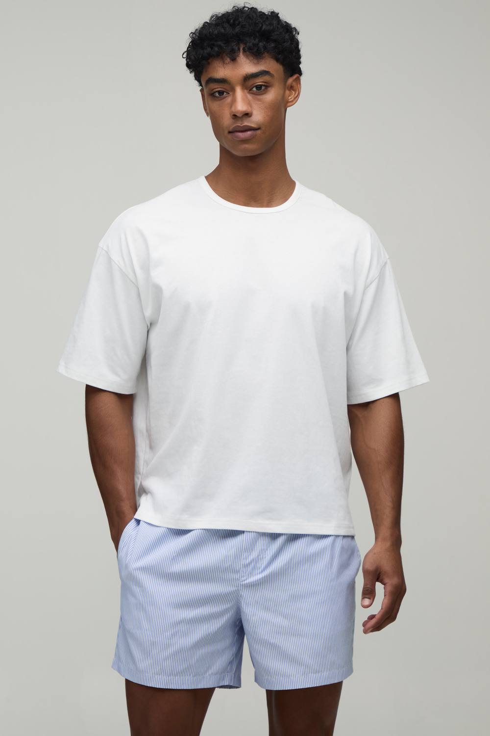 Men's Oversized Boxy T-Shirt & Boxy Stripe Short Lounge Set | Blue | Size Medium | BOOHOOMAN