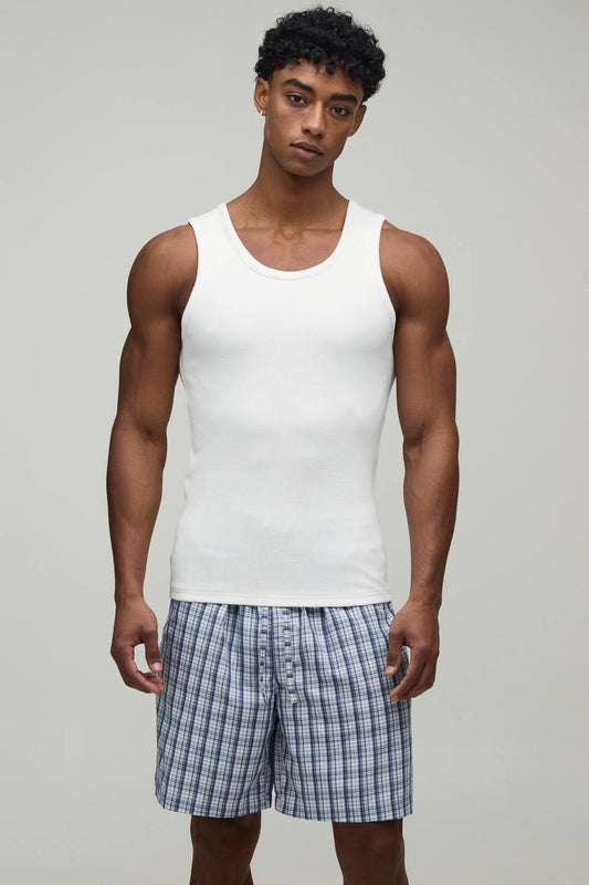 Ribbed Muscle Fit Vest & Baggy Fit Short Lounge Set | Blue | Size Medium