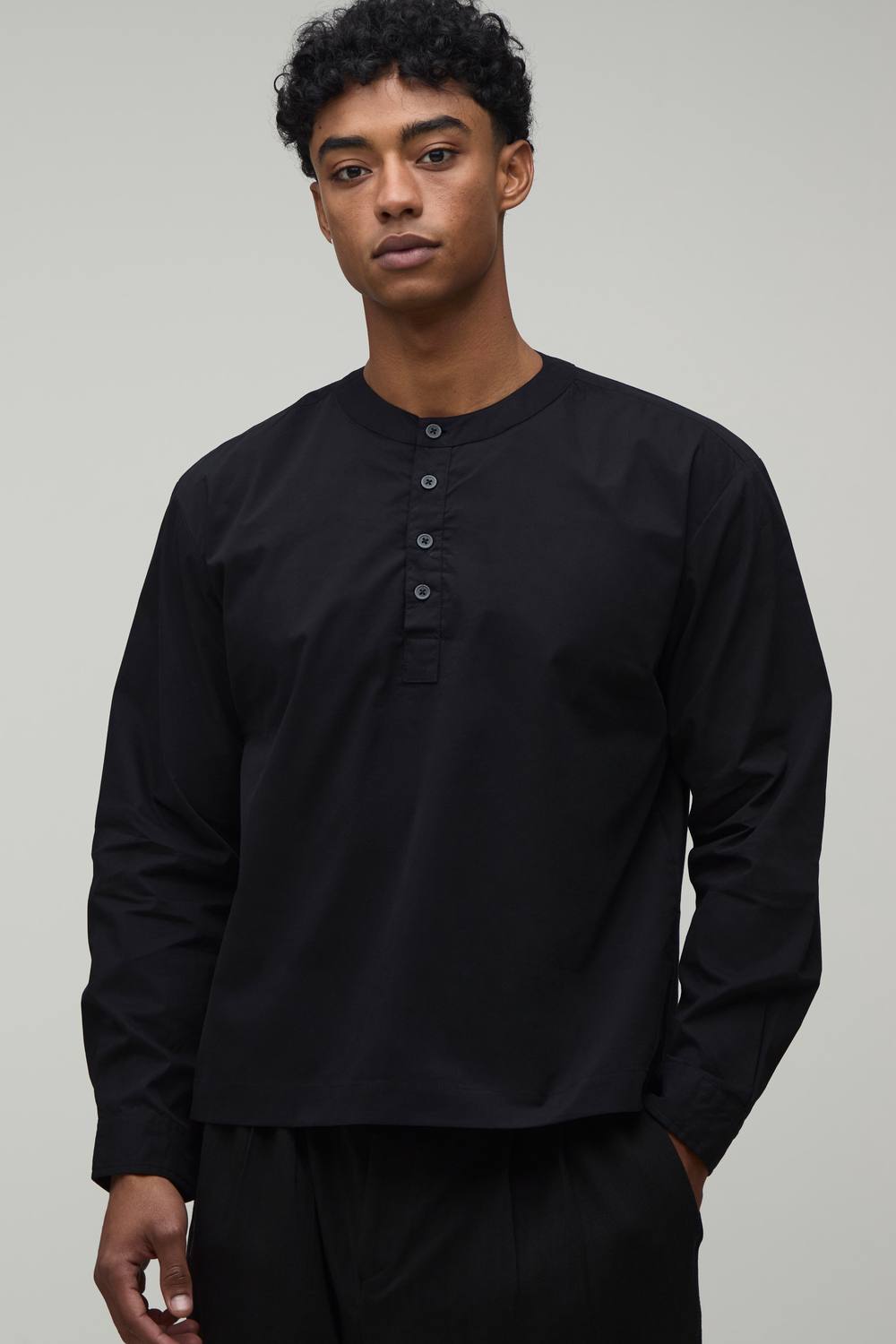 Men's Oversized Boxy Long Sleeve Henley Shirt | Black | Size Medium | BOOHOOMAN