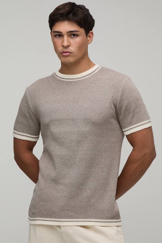 Men's Muscle Fit Cotton Blend Tipped Knitted T-Shirt | Taupe | Size Medium | BOOHOOMAN