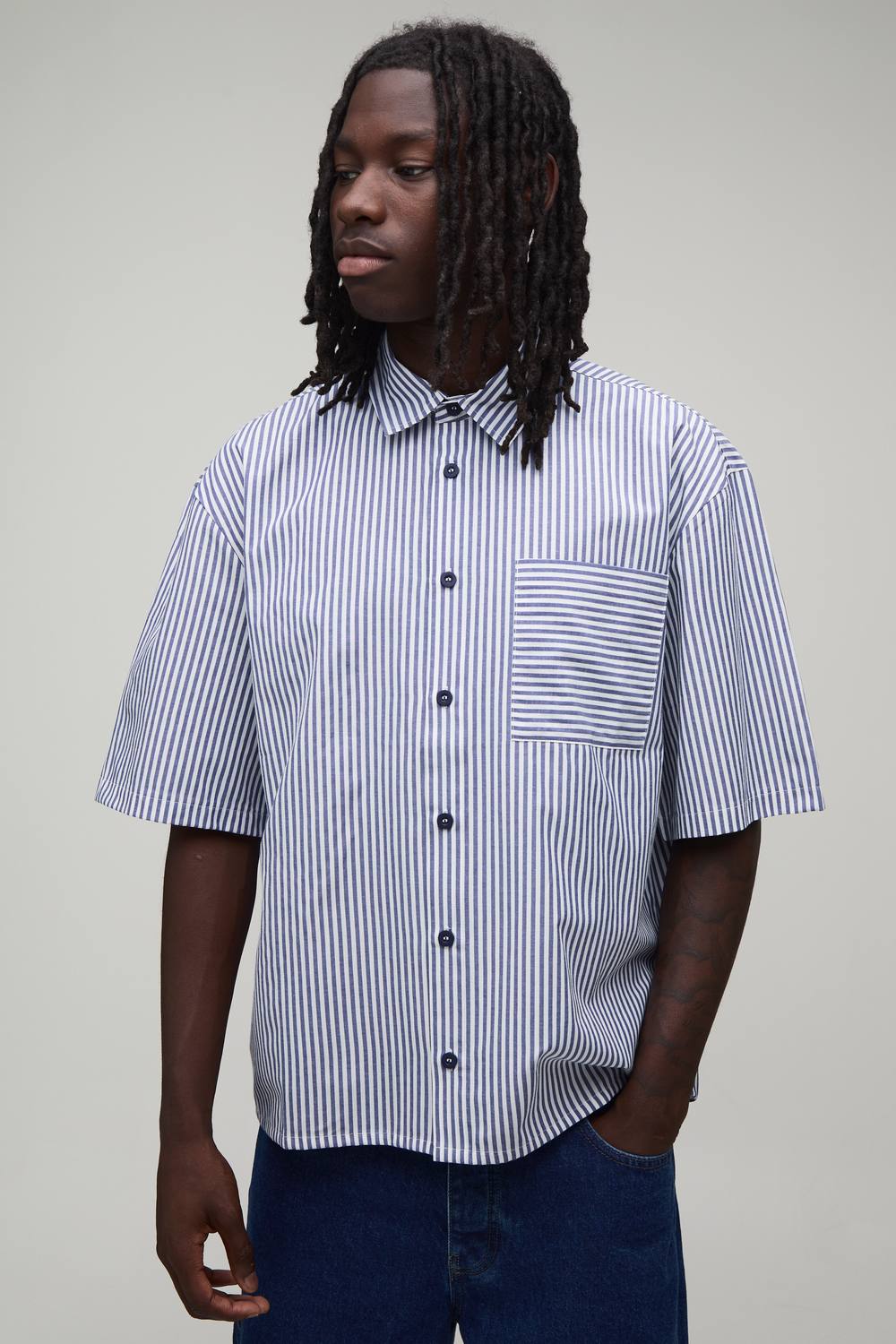 Men's Oversized Half Sleeve Stripe Shirt | Navy | Size Medium | BOOHOOMAN