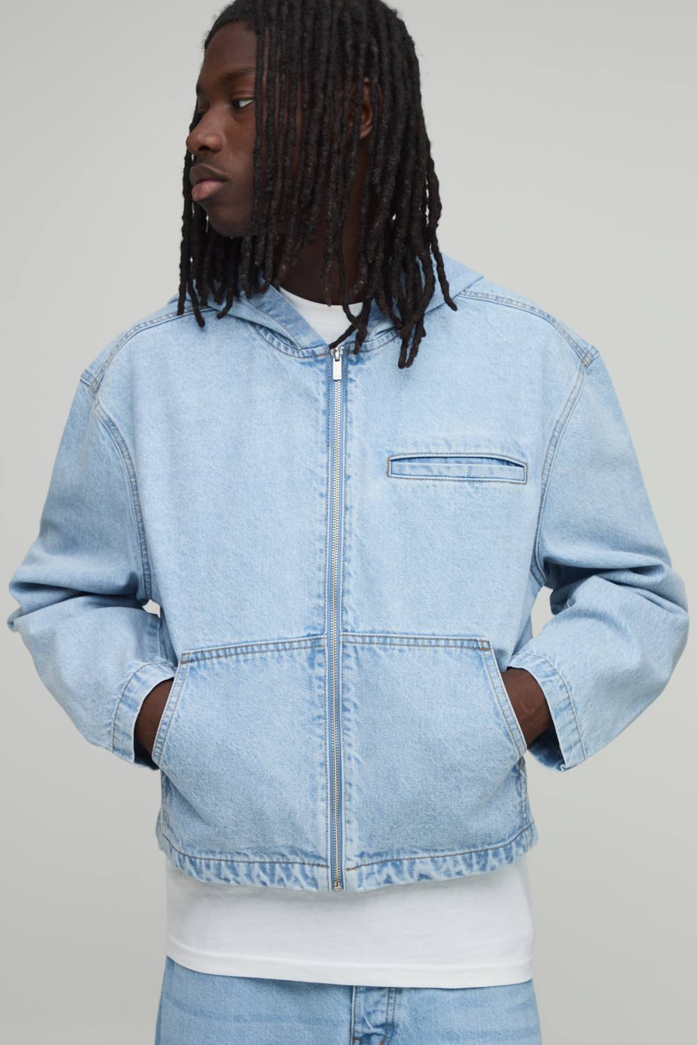 Essential Boxy Oversized Zip Through Denim Hoodie | Light Blue | Size Medium