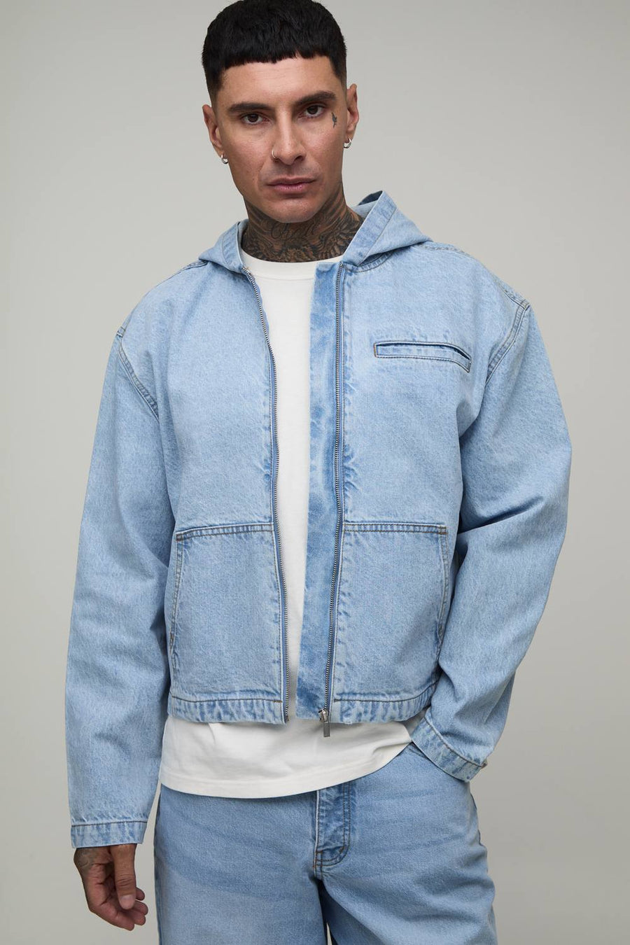 Tall Basic Boxy Oversized Zip Through Denim Hoodie | Light Blue | Size Medium