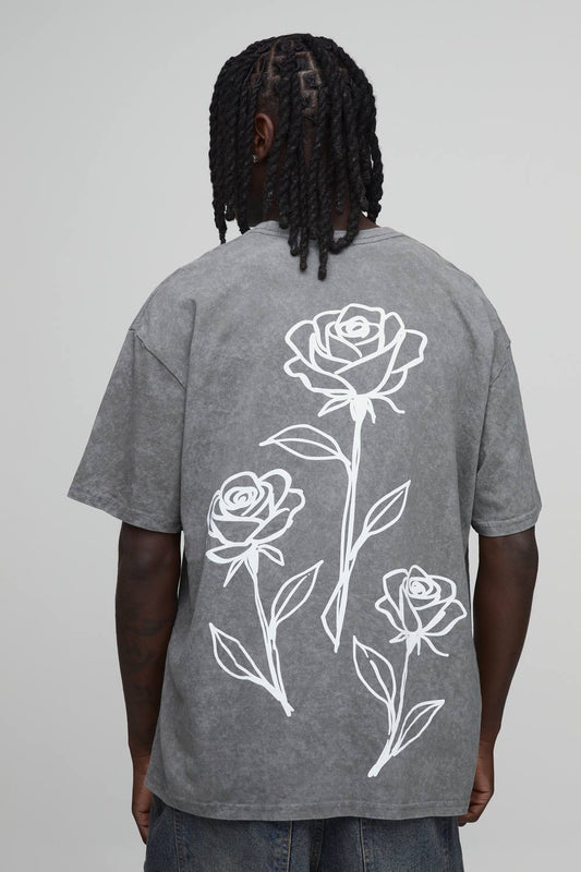 Men's Oversized Floral Line Drawn Print T-Shirt | Washed Charcoal | Size Medium | BOOHOOMAN
