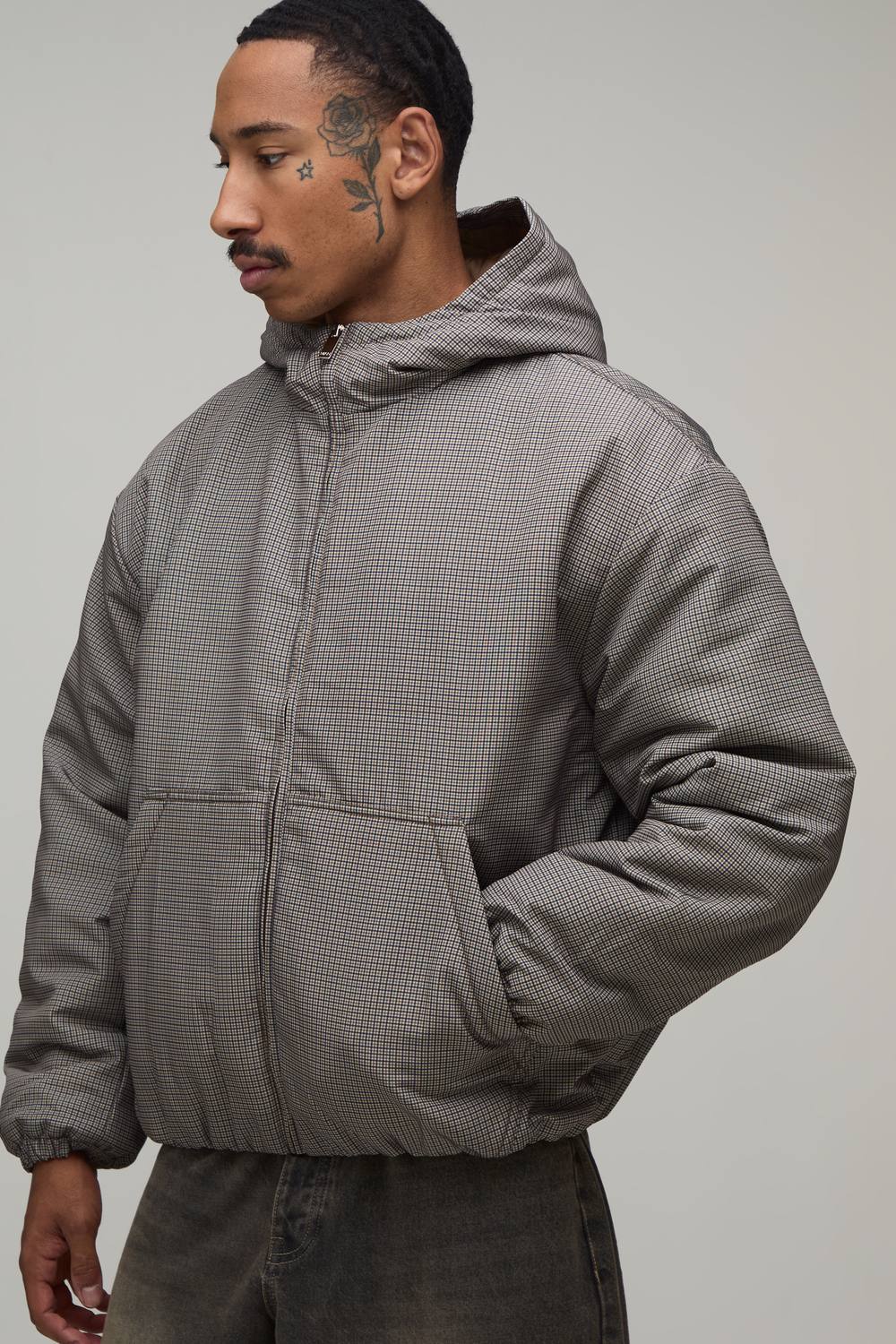 Oversized Hooded Check Padded Cagoule | Brown | Size Medium