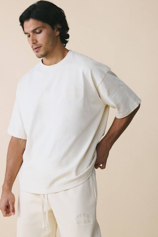 Men's 280GSM Heavyweight Essential Embroidered Oversized T-Shirt | Ecru | Size Medium | BOOHOOMAN