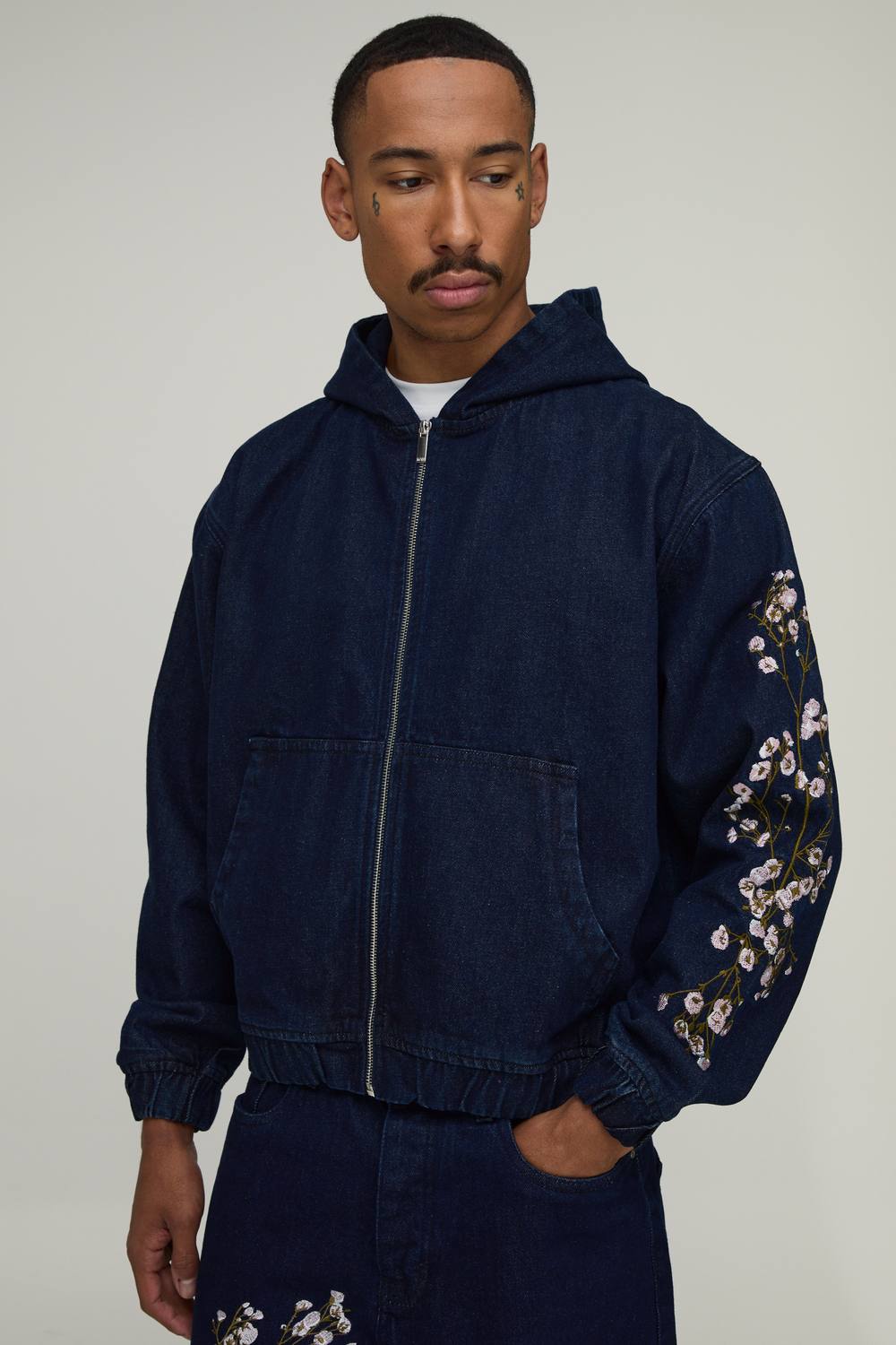 Floral Embroidered Boxy Denim Hoodie | Indigo | Size Medium