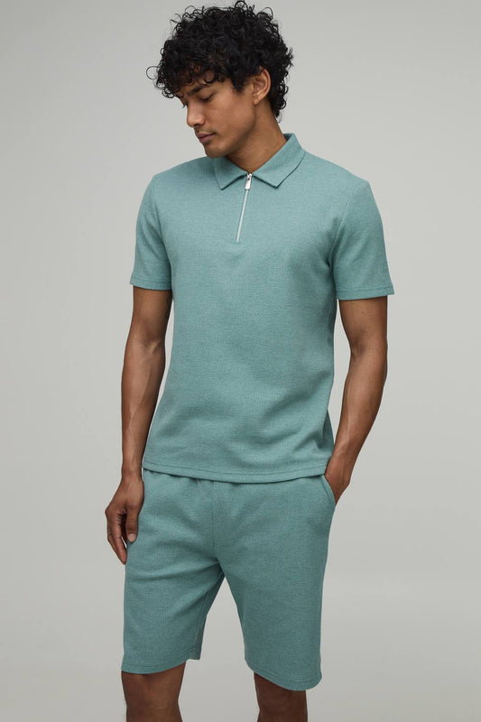 Slim Fit Waffle Polo & Short Set | Sage | Size Medium