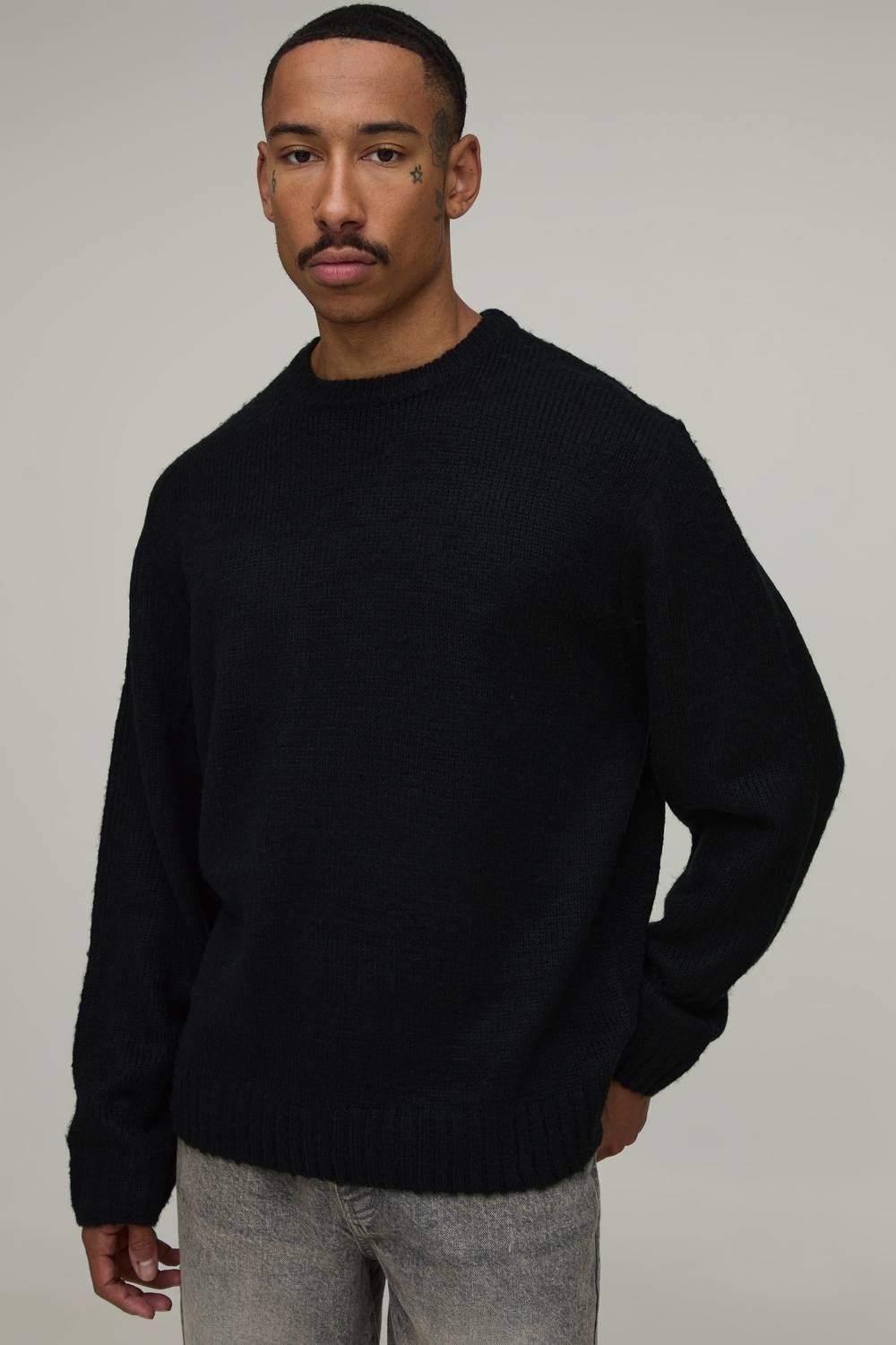 Men's Relaxed Fit Brushed Knitted Jumper | Black | Size Medium | BOOHOOMAN