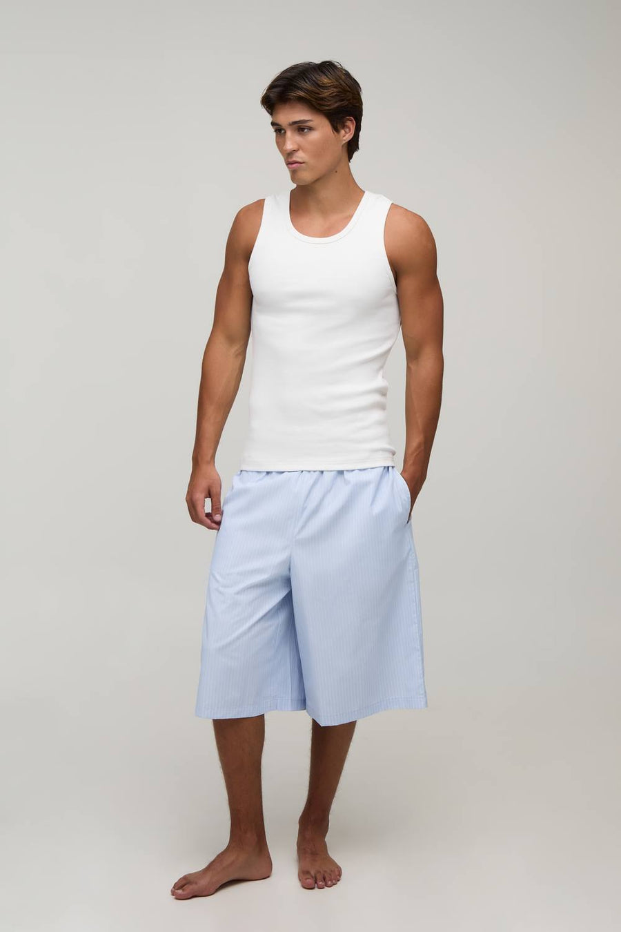 Ribbed Muscle Fit Vest & Contast Waistband Jort Lounge Set | Blue | Size Medium