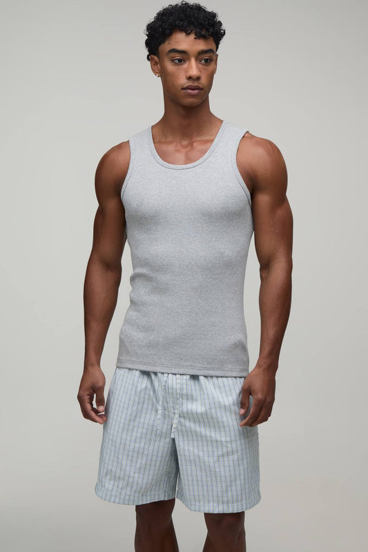 Ribbed Muscle Fit Vest & Baggy Lounge Short Set | Grey Marl | Size Medium