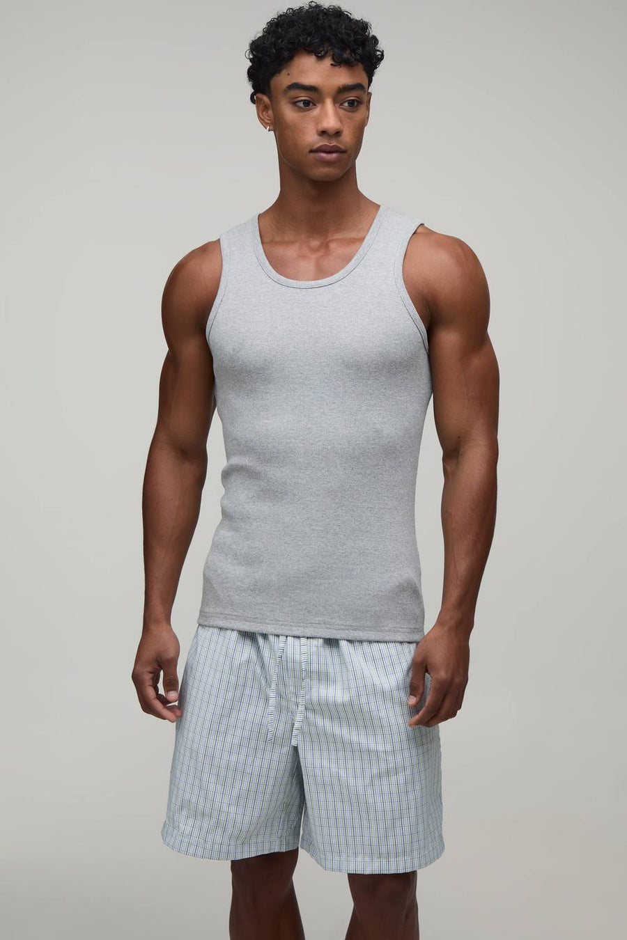 Ribbed Muscle Fit Vest & Baggy Lounge Short Set | Grey Marl | Size Medium
