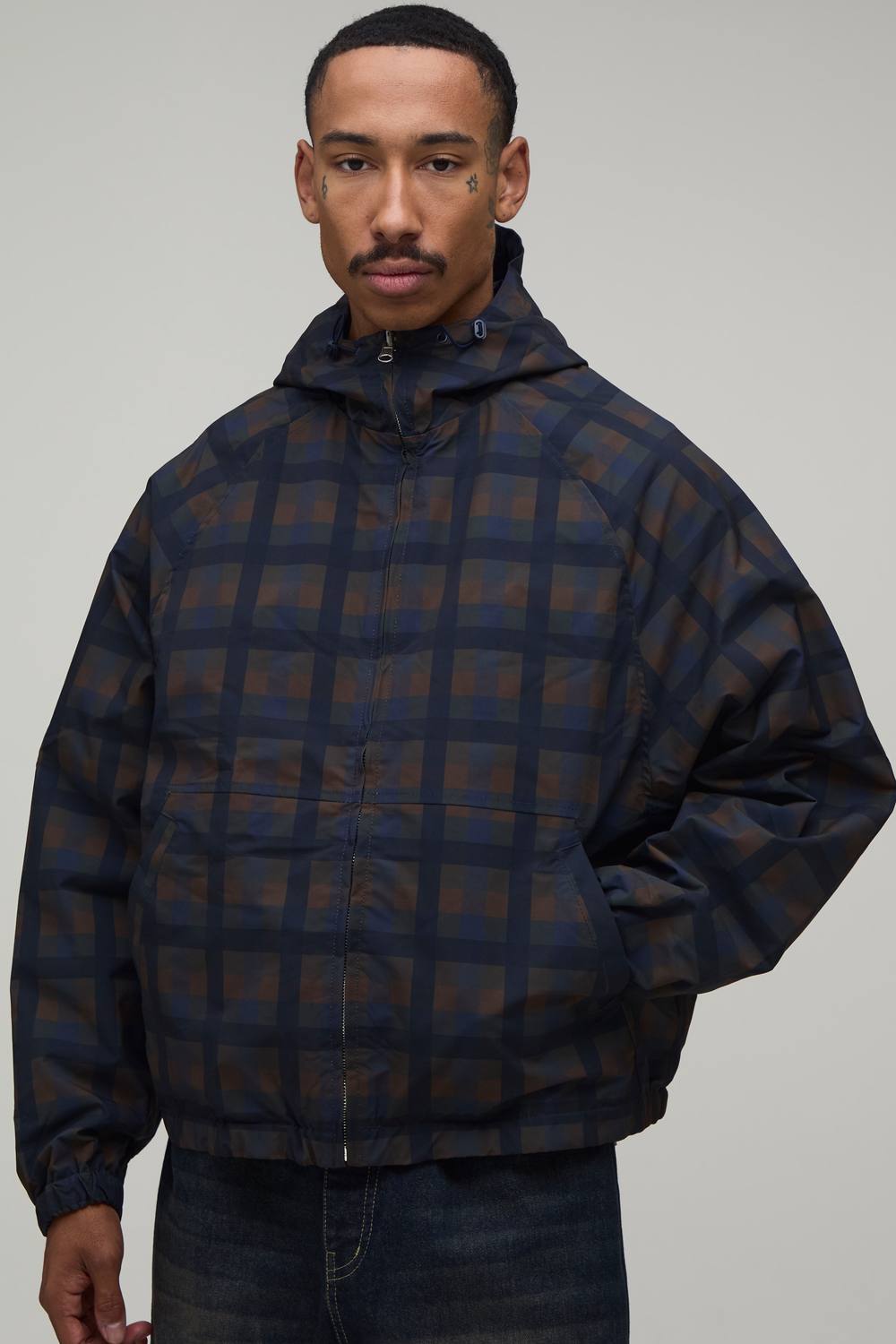 Oversized Reversible Check Twill Hooded Cagoule | Navy | Size Medium