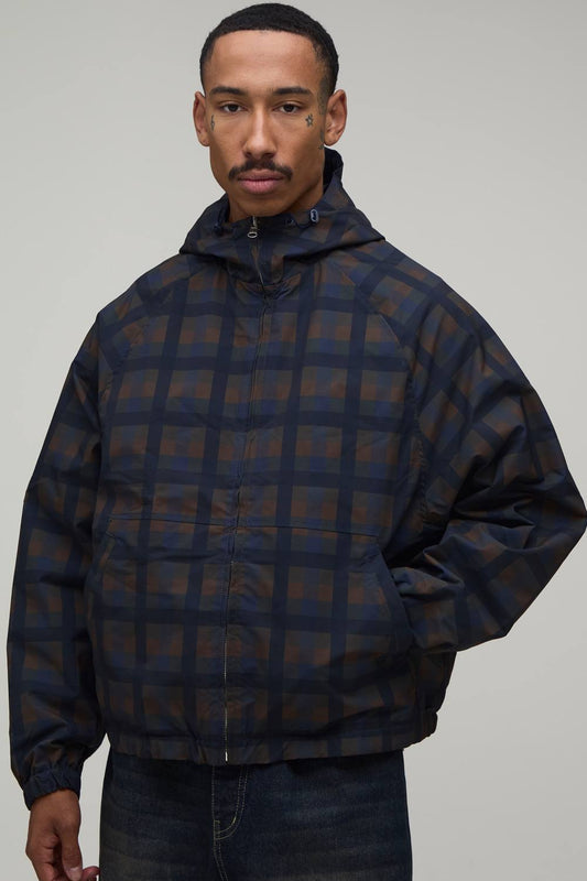 Oversized Reversible Check Twill Hooded Cagoule | Navy | Size Medium