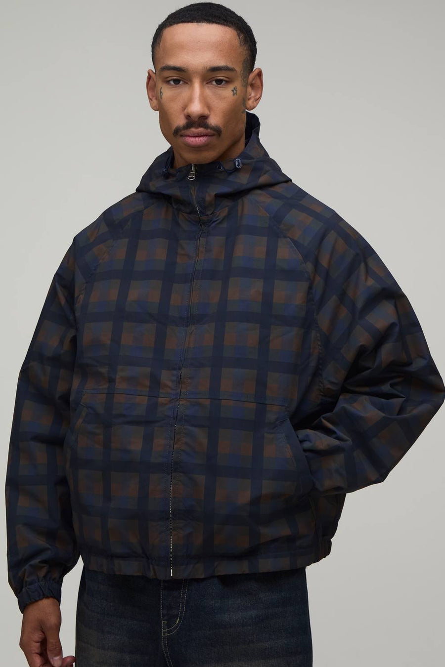Oversized Reversible Check Twill Hooded Cagoule | Navy | Size Medium