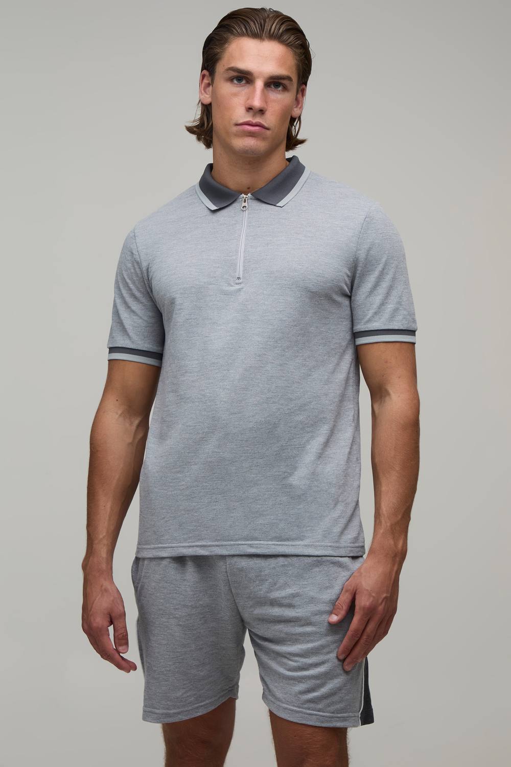 Men's Slim Fit Pique Interlock Stripe Polo and Shorts Set | Grey | Size Large | BOOHOOMAN