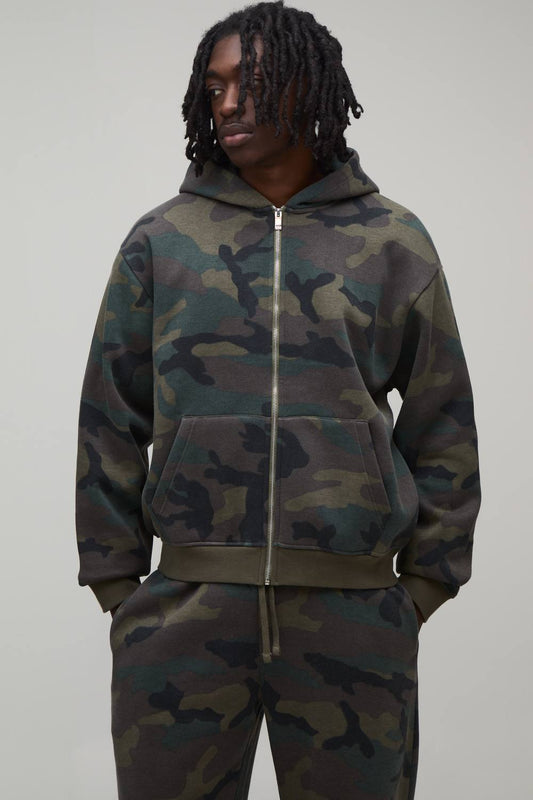 Oversized Boxy Zip Through Camo Hoodie | Size Medium