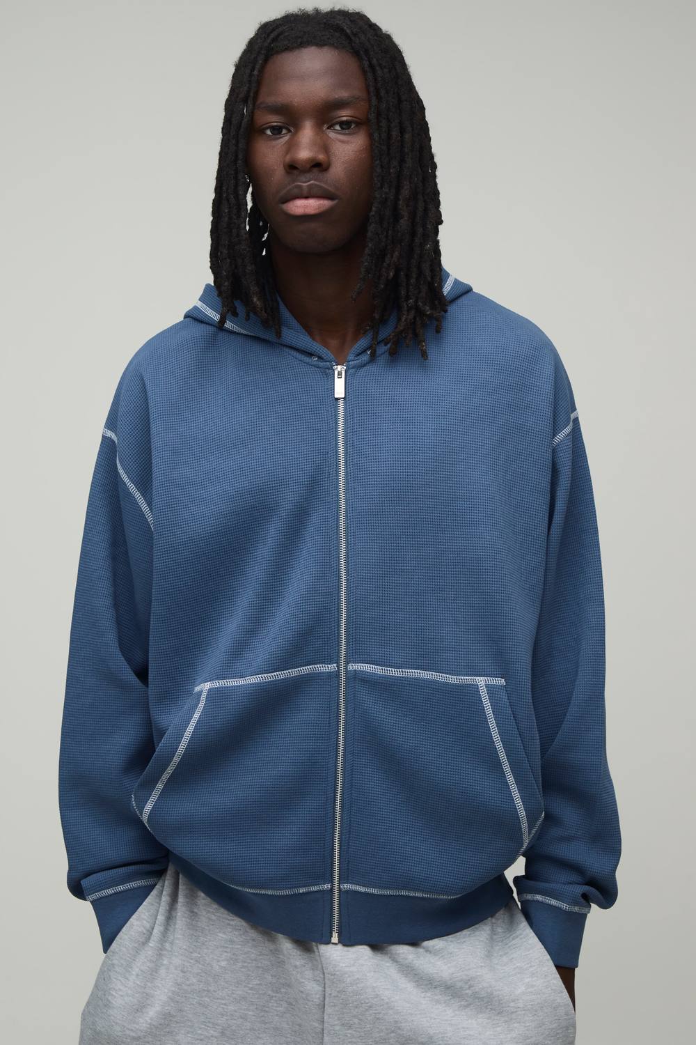 Heavyweight Oversized Contrast Stitch Waffle Zip Through Hoodie | Slate | Size Medium
