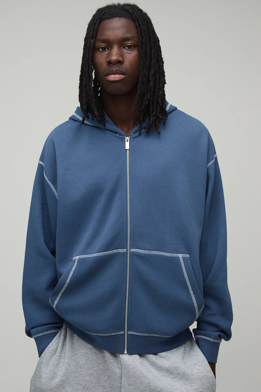 Heavyweight Oversized Contrast Stitch Waffle Zip Through Hoodie | Slate | Size Medium