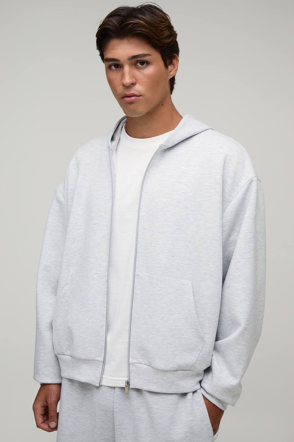 Oversize Boxy Zip Through Bonded Scuba Hoodie | Grey Marl | Size Medium