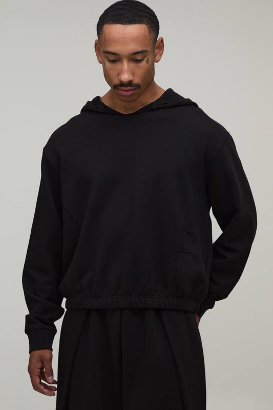 Oversized Boxy Loopback V Neck Hoodie | Black | Size Medium