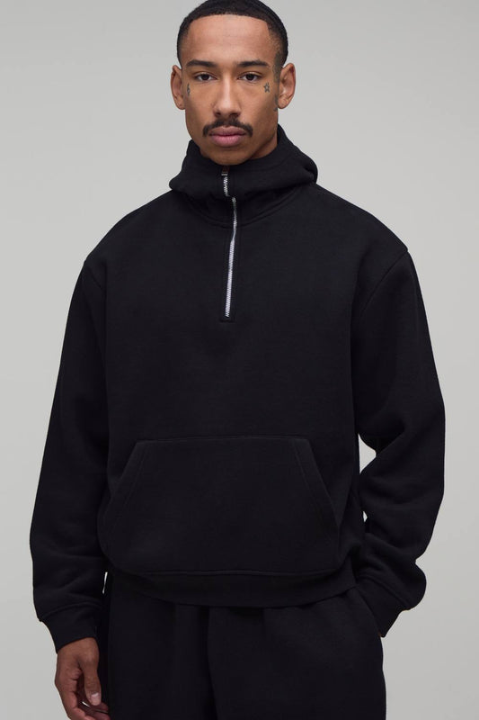Oversized Boxy Plush Eye mask 1/4 Zip Hoodie | Black | Size Medium