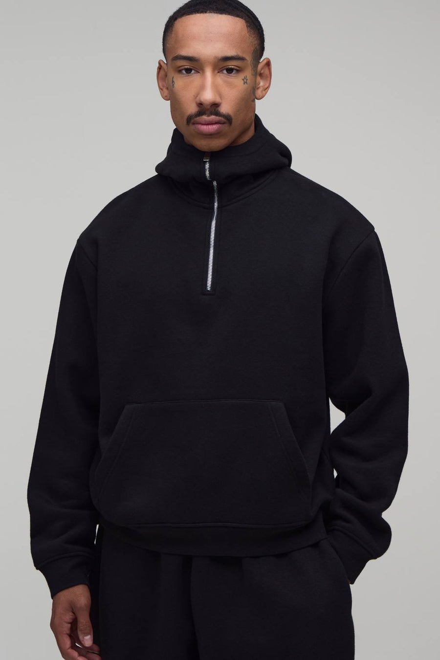Oversized Boxy Plush Eye mask 1/4 Zip Hoodie | Black | Size Medium