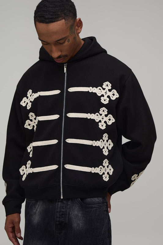 Oversized Boxy Embroidered Zip Through Hoodie | Black | Size Medium