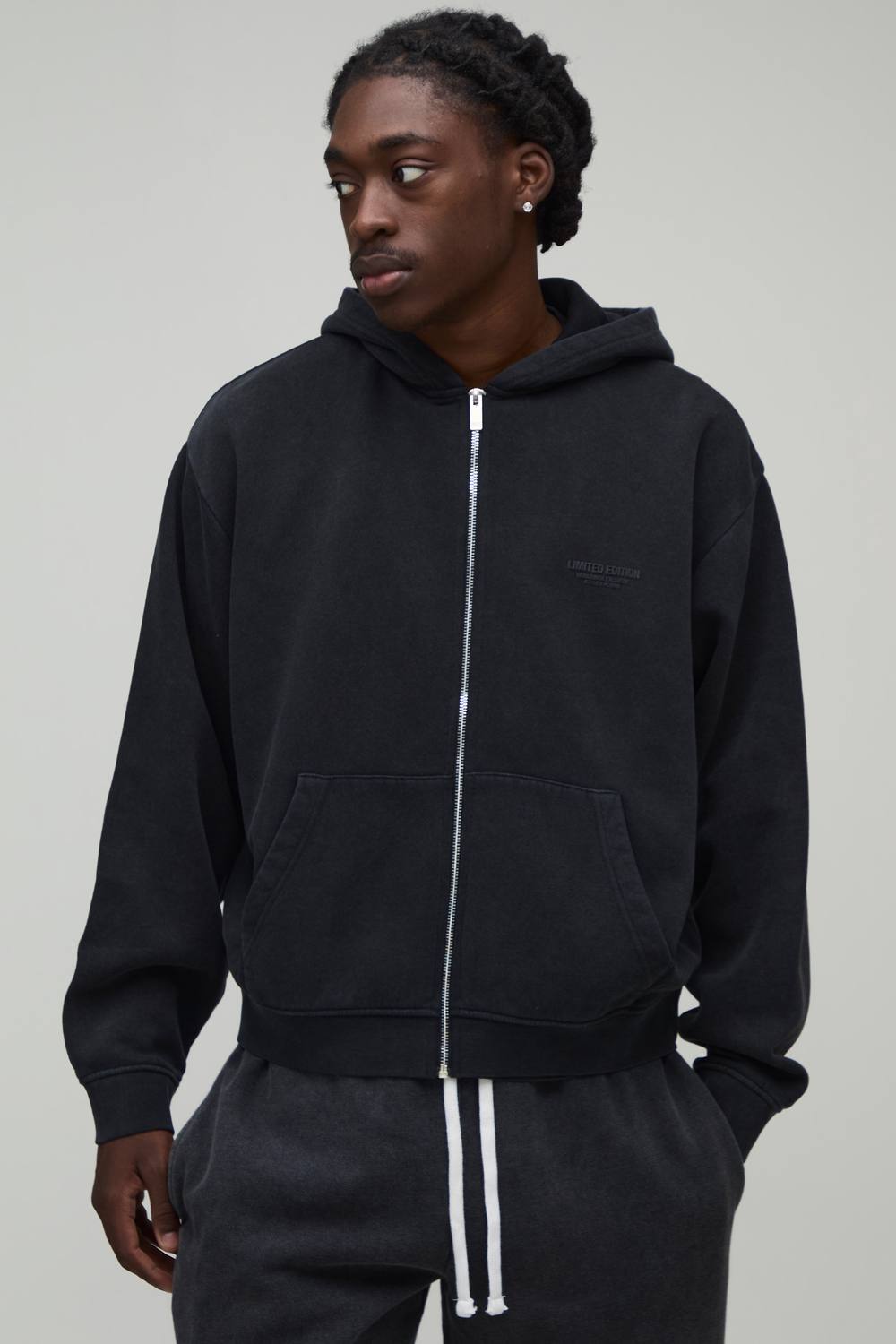 Oversized Boxy Limited Edition Washed Raised Text Zip Through Hoodie | Washed Black | Size Medium