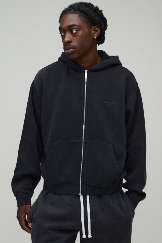 Oversized Boxy Limited Edition Washed Raised Text Zip Through Hoodie | Washed Black | Size Medium