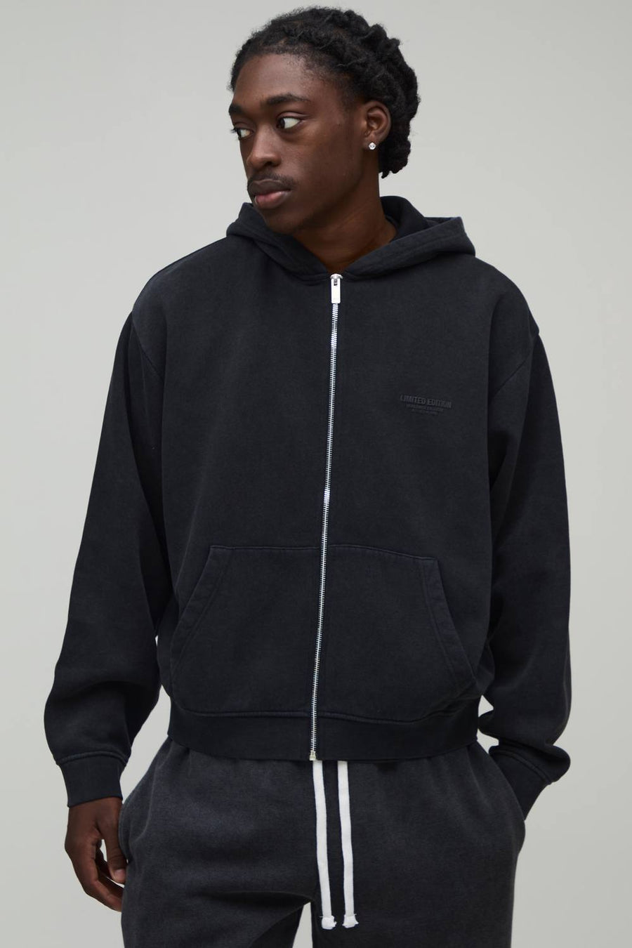 Oversized Boxy Limited Edition Washed Raised Text Zip Through Hoodie | Washed Black | Size Medium