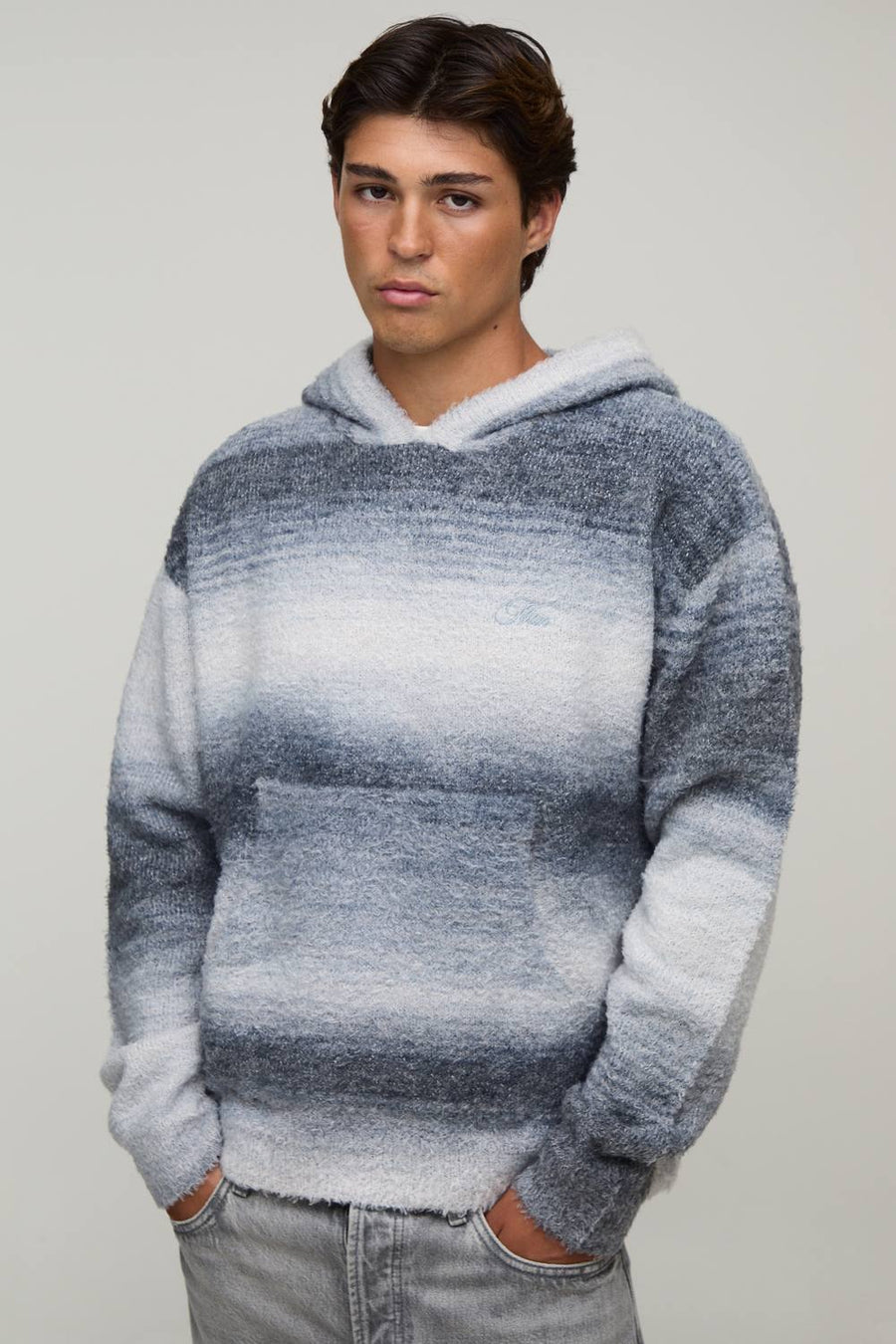 Relaxed Fluffy Ombre Knitted Hoodie | Grey | Size Medium