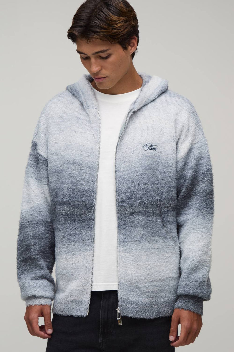 Relaxed Fluffy Ombre Zip through Knitted Hoodie | Grey | Size Medium