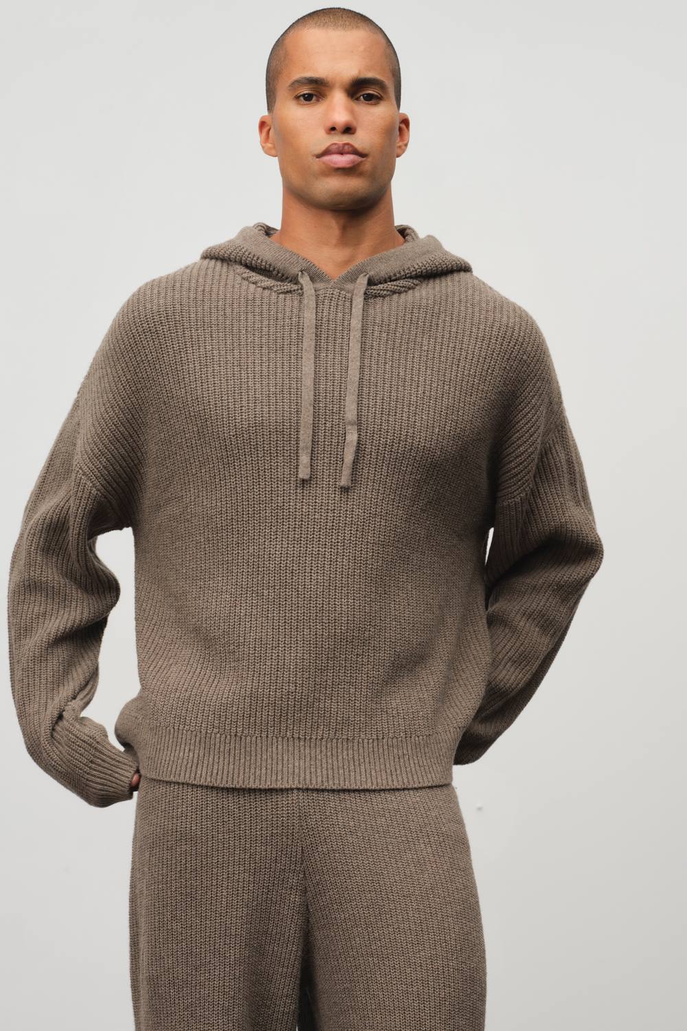 Relaxed Boxy Wool Blend Ribbed Knitted Hoodie | Taupe | Size Medium