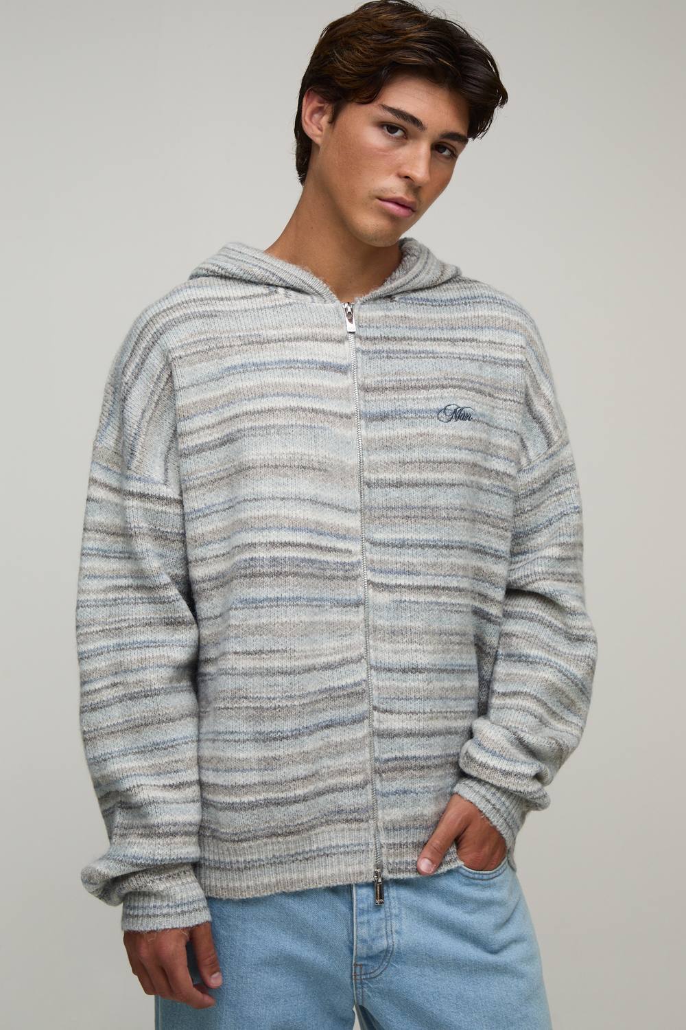 Relaxed Ombre Zip through Knitted Hoodie | Blue | Size Medium